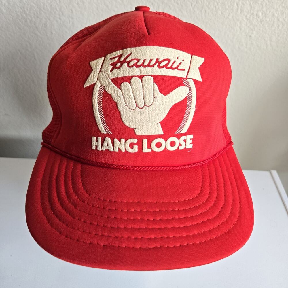 Vintage Hawaii Hang Loose Shaka Trucker Hat Red Foam‎ Mesh Snapback Rope